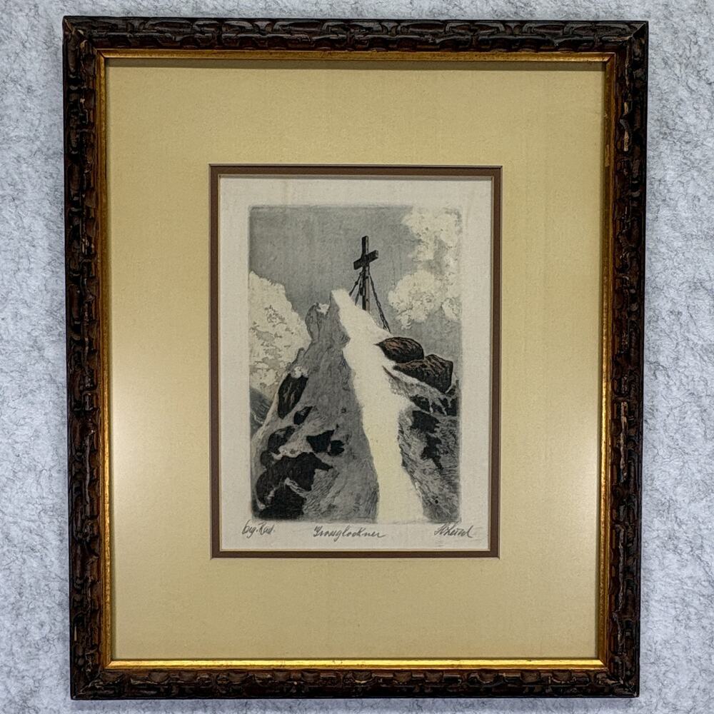 Vintage Grossglockner Alpine Cross Silk Etching Signed H. Heinl